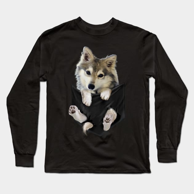 wolf dog husky dog in pocket Long Sleeve T-Shirt by kenjones